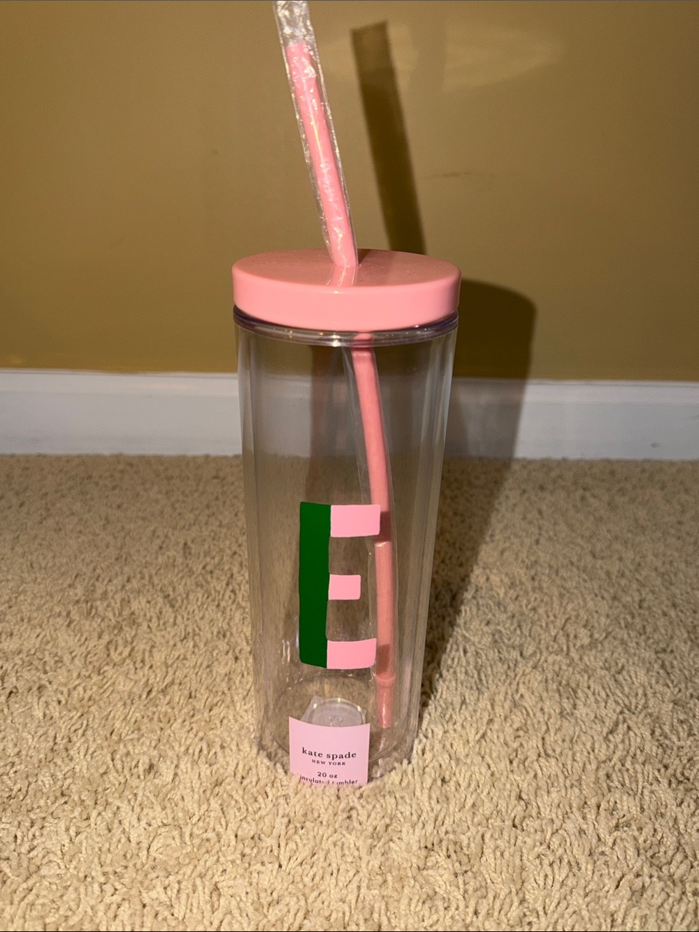 kate spade Pink & Green ‘E’ Acrylic Tumbler with Straw